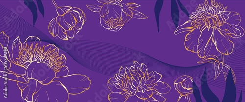Banner with with golden flowers tulips. Engraving hand drawn floral background is a beautiful. For Mother's Day. Vector illustration