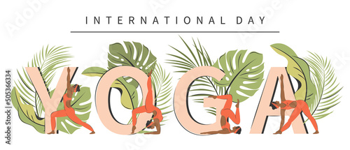 International Yoga Day. Set Yoga poses set with letters and plants. African-American woman various yoga. Vector illustration.