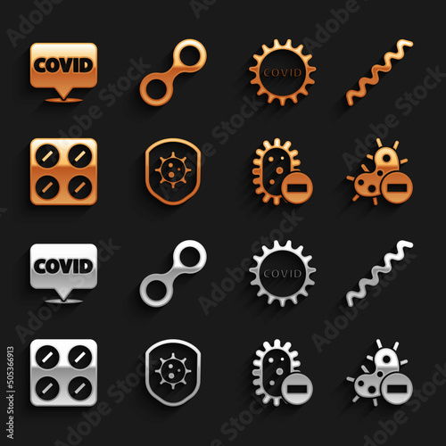 Set Shield protecting from virus, Virus, Negative, Pills blister pack, Corona covid-19, location and icon. Vector