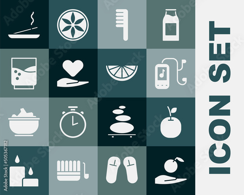 Set Apple in hand, Music player, Hairbrush, Heart on, Glass with water, Scented spa stick and Citrus fruit icon. Vector