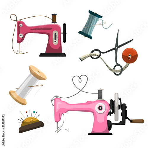 Sewing tools isolated on white background - sewing machine, scissors, thread on spool, meter and pins