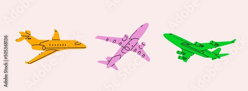 Airplane flying in the sky. Bright colorful silhouettes of passenger planes. Vacation, fast travel, transportation concept. Hand drawn modern Vector illustration. All elements are isolated