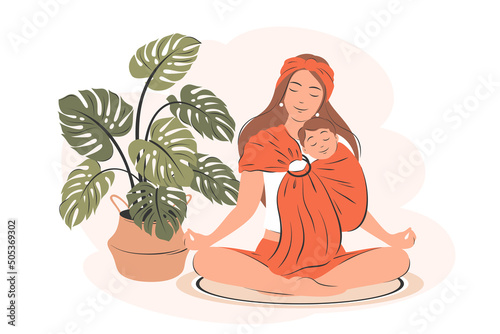 Mother meditating at home, practices yoga. Woman doing relaxing exercises and is holding baby in sling. Calm parent, motherhood  and stress relief. Vector illustration