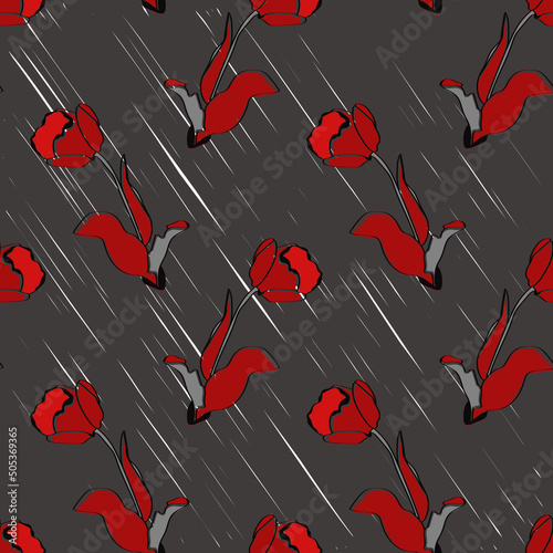Red tulips seamless pattern.Image on a white and colored background.