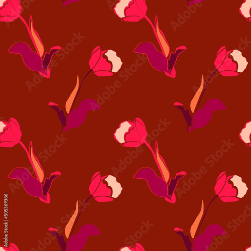 Red tulips seamless pattern.Image on a white and colored background.