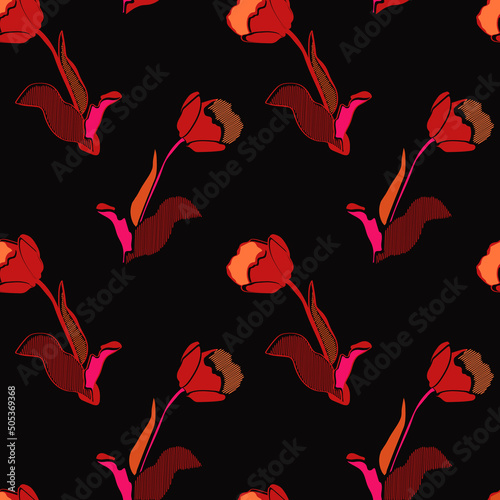 Red tulips seamless pattern.Image on a white and colored background.