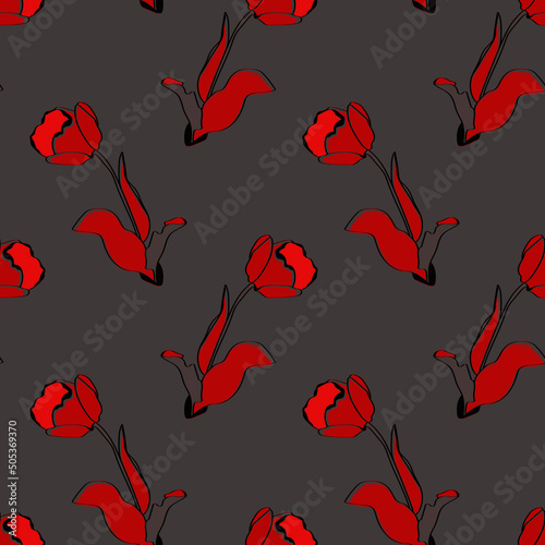 Red tulips seamless pattern.Image on a white and colored background.