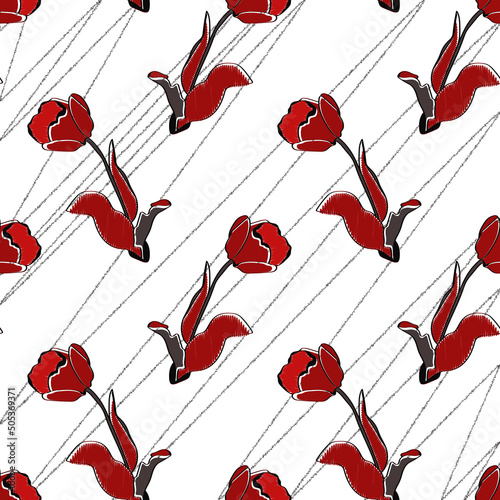Red tulips seamless pattern.Image on a white and colored background.