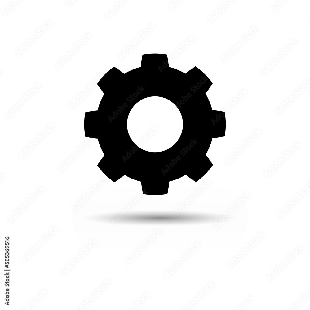Vector illustration of dark gear isolated on light background with shadow. Icon with cog. Mechanical Circuit. Wheel for the workspace. Details of the working mechanism, the assembly line. Black staff