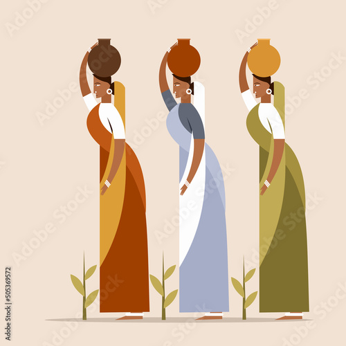 Illustration of three Indian women walking with water pots on their heads