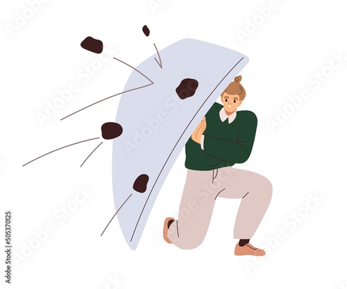 Person protecting with shield, shelter. Protection of business from crisis threats, dangers concept. Man fighting with problems, difficulties. Flat vector illustration isolated on white background
