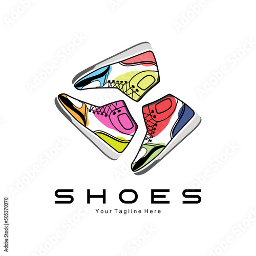 Sneakers Shoe Logo Design, vector illustration of trending youth footwear, simple funky concept