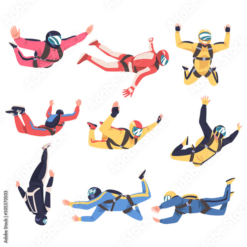 Man Parachutist Skydiving and Free-falling in the Air Descenting on the Earth Vector Set