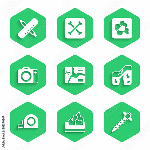 Set Topographic map, Ore mining, Construction jackhammer, Geological fault, Roulette construction, Photo camera, Gold nugget and Crossed ruler and pencil icon. Vector