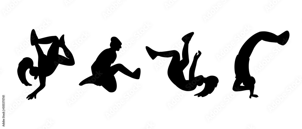 A set of break dancers silhouettes. Collection of b-boy and b-girls freestylers performing stunts. Flip move, handstand move, kick move. Flat style vector design illustrations. A set of break dancers silhouettes. Collection of b-boy and b-girls freestylers performing stunts. Flip move, handstand move, kick move. Flat style vector design illustrations.