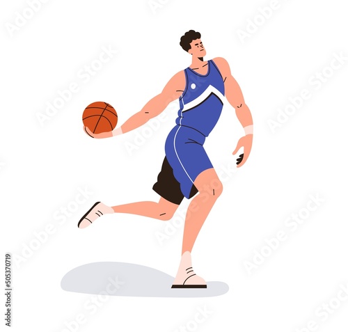 Basketball player playing sports game, running with orange ball in hand, pass...