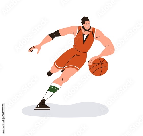Athlete playing basketball, running, dribbling orange ball with hand. Happy man player rushing at sport game. Active sportsman moving, acting. Flat vector illustration isolated on white background