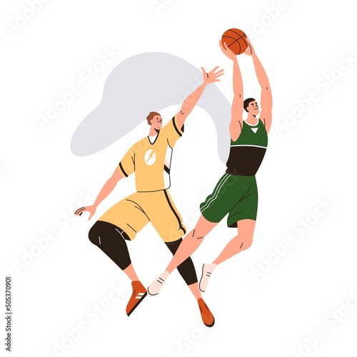 Athletes play basketball. Players competitors rivals in movement, jumping up, throwing, shooting ball at sports tournament, competition. Flat graphic vector illustration isolated on white background