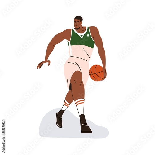 African-American athlete, basketball player going with ball in hand. Strong black man sportsman in uniform, shorts moving, playing sports game. Flat vector illustration isolated on white background