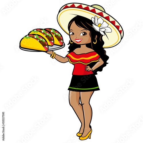 Mexican waitress serving tacos. Vector illustration
