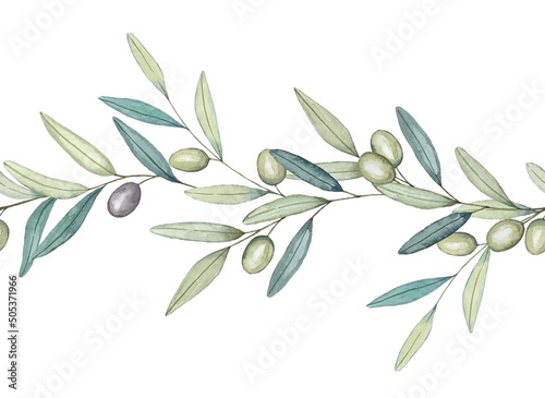 Seamless garland of olive branches , border with olive branches. Watercolor hand draw illustration. © Diasha Art