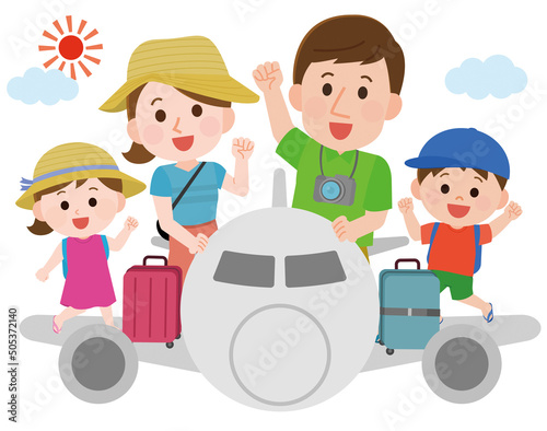 夏休み　飛行機に乗って旅行に行く家族　イラスト