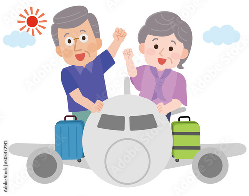 夏休み　飛行機に乗って旅行に行くシニア夫婦　イラスト