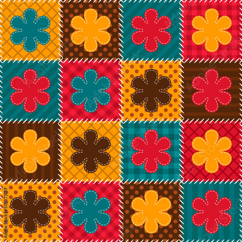 Colorful patchwork pattern in retro style for tablecloth, oilcloth or other textile design