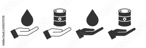 A barrel of oil on an open palm icon. Give fuel symbol. Sign store gasoline vector.