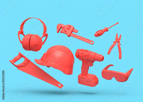 Flying view of red construction tools for repair on blue background