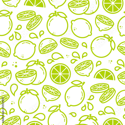 Lime, lemon, orange vector seamless pattern in outline style. Citrus fruits for package, kitchen design, fabric and textile. Citrus wallpaper