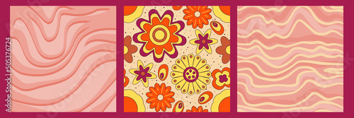 Groovy y2k retro pattern with flower and swirl 70s background. Daisy flower design. Abstract trendy colorful print. Vector illustration graphic. Vintage print. Psychedelic wallpaper.