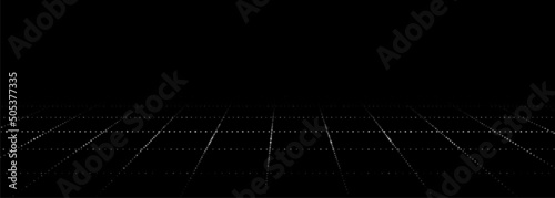 Dynamic flow of digital particles. Perspective grid of interlaced dots. Network connection structure. Big data visualization. Vector illustration.