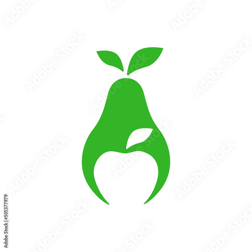 Logotipo vida saludable. Icono pera con manzana en espacio negativo en color verde