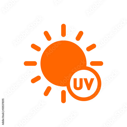Vacaciones de verano. Crema solar. Logotipo con silueta de sol con texto UV en círculo en color anaranjado