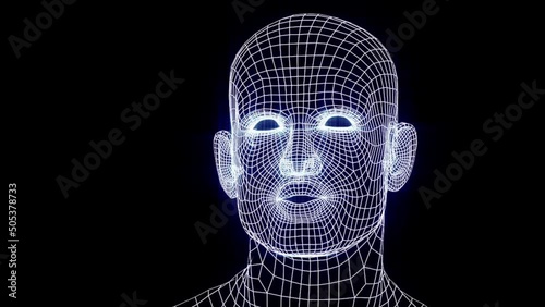 Talking mesh head. Grid head conversation. Animated speaking neon head. Speaking mesh mask.
