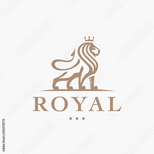 Royal lion logo emblem. Gold king leo icon. Luxury crown animal silhouette symbol. Premium brand identity label design. Vector illustration.