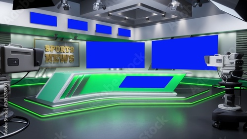 Fototapeta Naklejka Na Ścianę i Meble -  3D rendering Virtual TV Sport Studio News, Backdrop For TV Shows. TV On Wall. Advertising area, workspace mock up.