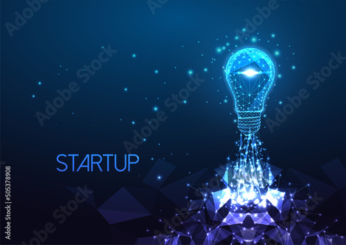 Futuristic startup, innovative business idea concept with glowing low polygonal lightbulb as rocket