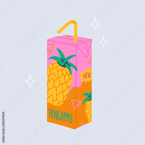 Pineapple juice in paper box with plastic pipe. Fresh drink in colorful cartoon style. Tropical fruit beverage package design. Isolated vector template