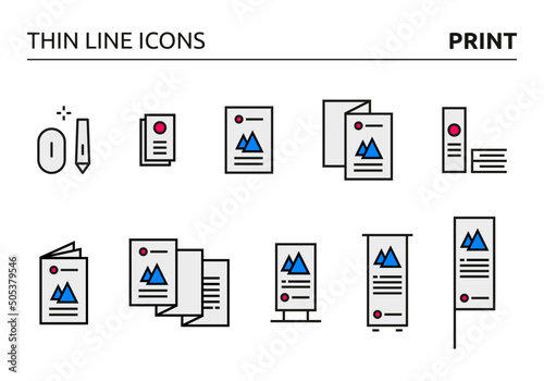 10 print element icons designed in thin line style, color version, can be used for web, print and logo