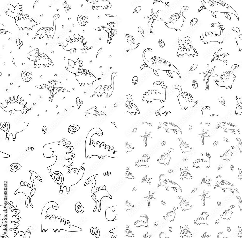 Dino Set of seamless patterns. Baby Vector illustration of one color cartoon character. Doodle in a childish hand-drawn Scandinavian style