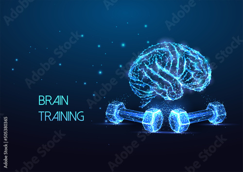 Futuristic brain training concept with glowing human brain and pair of dumbbells on dark blue