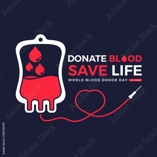 world blood donor day, donate blood save life text and drop blood in blood bag and line heart shape symbol on dark background vector design