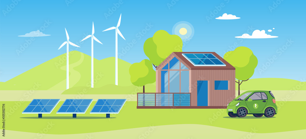 Eco-friendly modern house on green energy, eco car. The concept of using clean energy in a private house. Environment protection, the use of an electric vehicle, windmills, solar panels. Vector banner