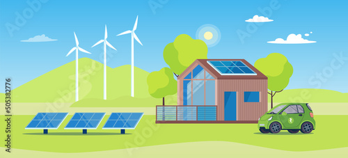 Fototapeta Naklejka Na Ścianę i Meble -  Eco-friendly modern house on green energy, eco car. The concept of using clean energy in a private house. Environment protection, the use of an electric vehicle, windmills, solar panels. Vector banner