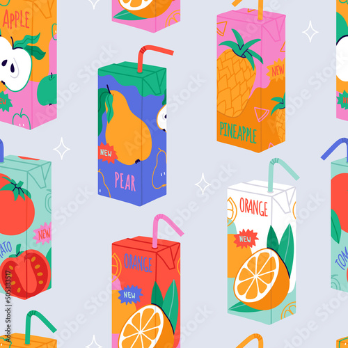 Juicy orange, apple, pineapple, tomato, pear. Bright seamless pattern with juice boxes. Hand drawn colored vector illustrations. Kids drink. Cartoon style.