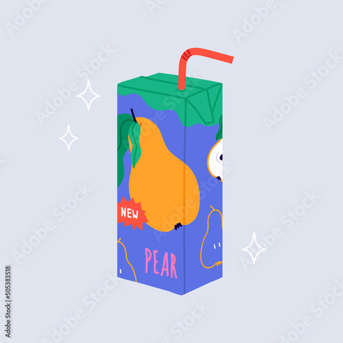 Pear juice carton box for kids lunch. Drink pack with sugar in trendy cartoon style. Fruit beverage product design. Hand drawn isolated vector illustration. 