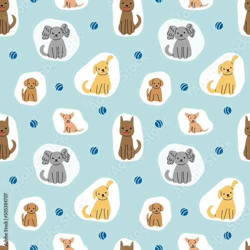 Seamless pattern with cute dogs and puppies. Vector illustration on blue background. For wrapping, cards, prints. 