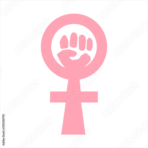 Vector illustration women resist symbol. Raised fist icon. Female gender and feminism.